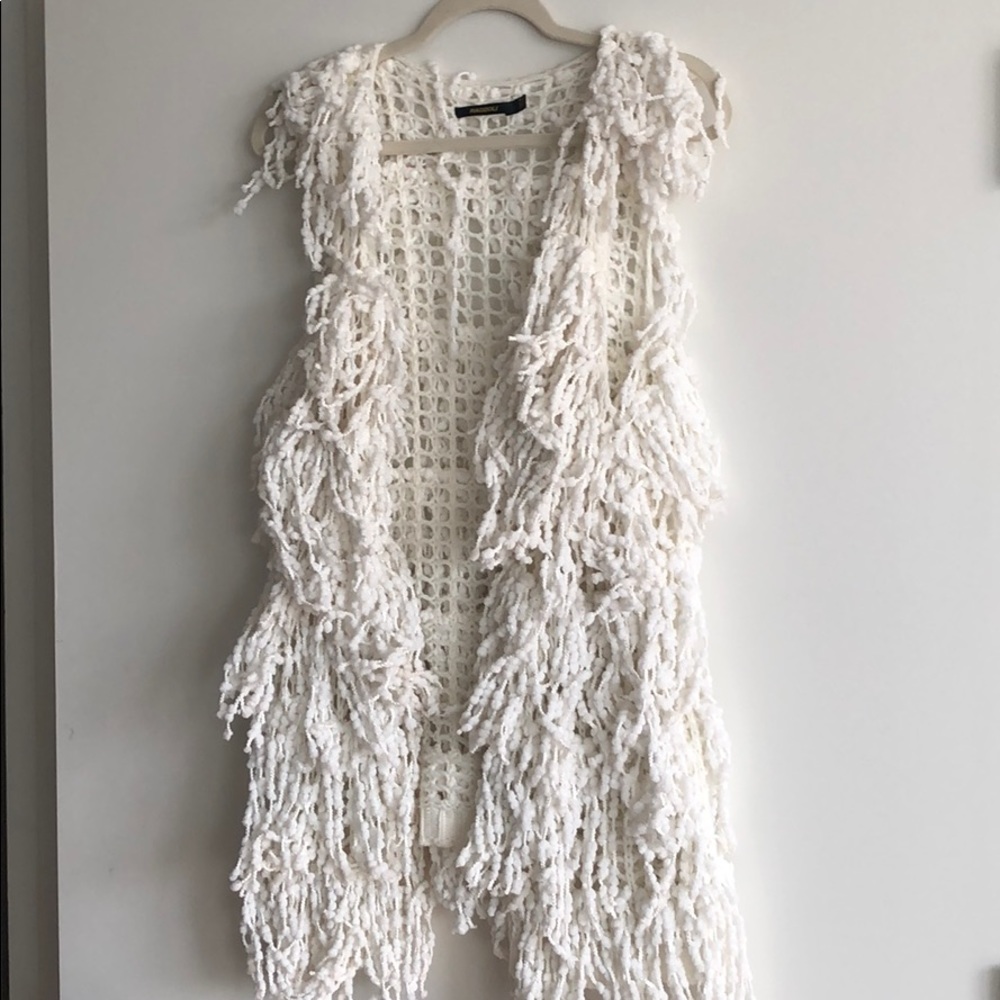 White crochet below waist length vest